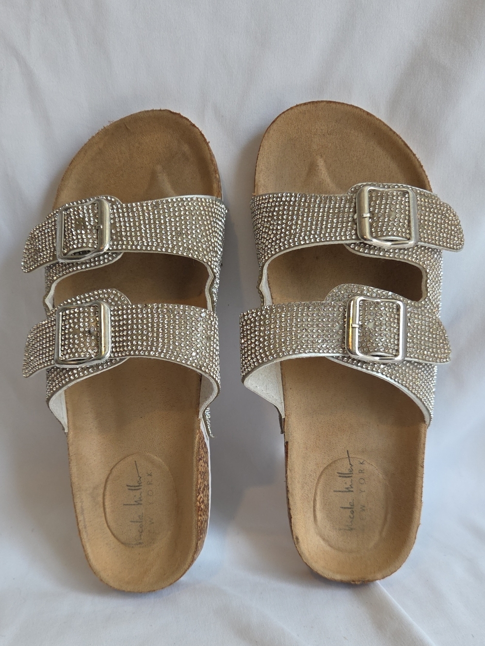 Nicole Miller New York Rhinestone Double-strap Slide Sandals